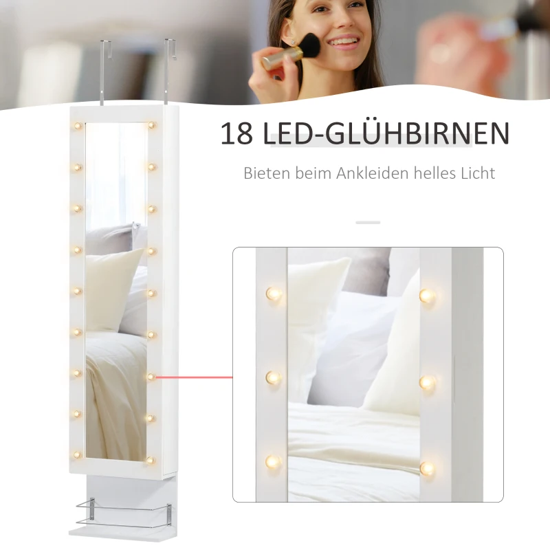 HOMCOM Hängender Schmuckschrank mit LED Spiegelschrank mit Schublade Regal Wandspiegel Türspiegel höhenverstellbar Weiß 130 cm hoch