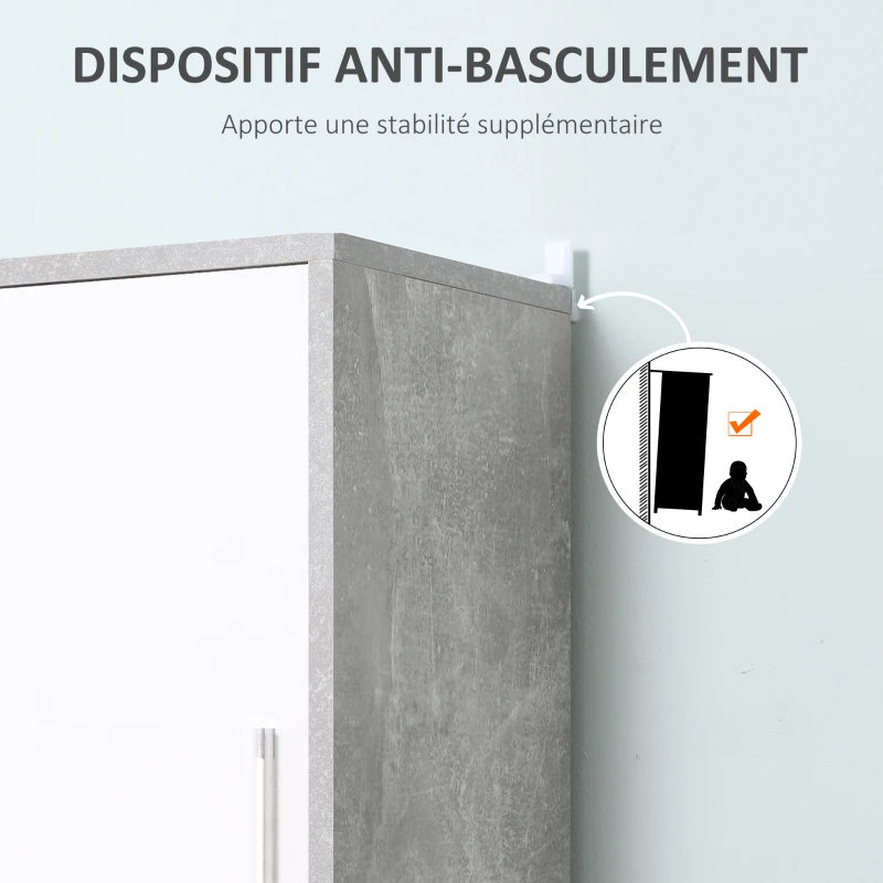 kleankin Meuble Colonne Rangement Salle de Bain dim. 30L x 30l x 180H cm 2 placards avec étagère + 2 niches Panneaux Particules Aspect Ciment Blanc