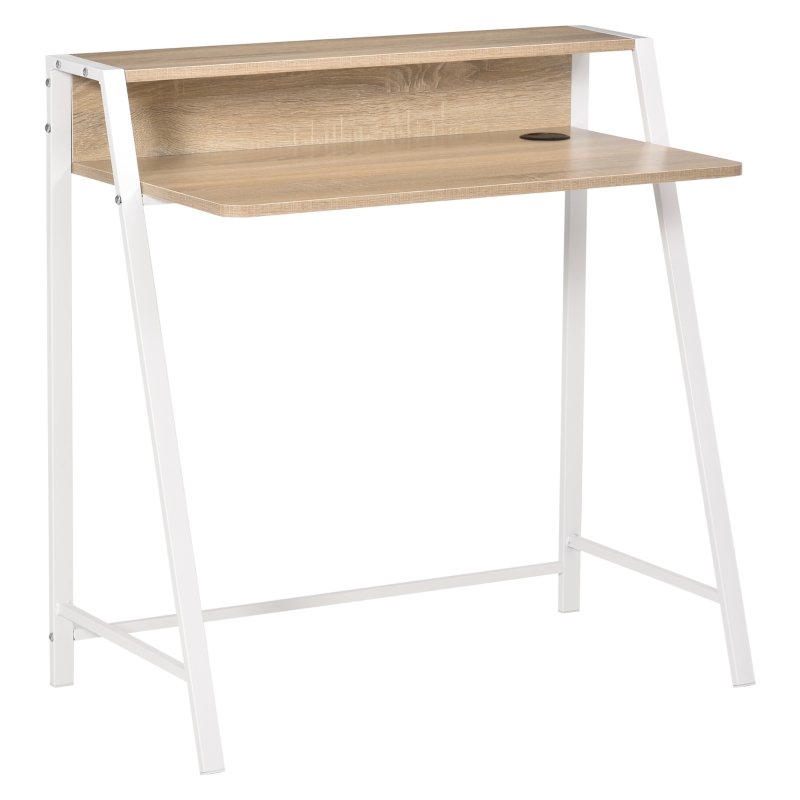 HOMCOM Schreibtisch, Computertisch mit Ablage und Kabel Management, moderner Schreibtisch mit Metallgestell für Arbeitszimmer, Schlafzimmer, Home Office, 84 x 45 x 85 cm, Weiß+Eiche