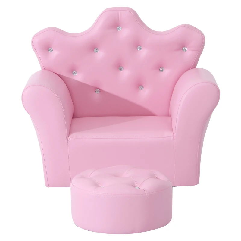 HOMCOM Ensemble Fauteuil et Pouf Enfant Design Couronne de Princesse - Dossier et Assise Pouf avec Boutons Strass Aspect Cristaux - Structure Bois revêtement synthétique PVC Rose