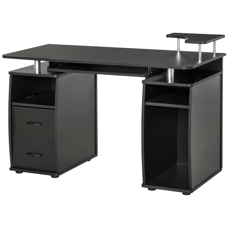 HOMCOM Mesa de Ordenador PC 120 cm Mesa Escritorio de Oficina con Múltiples Estantes 2 Cajones Bandeja de Teclado y Soportes para Monitor CPU 120x55x85 cm Negro