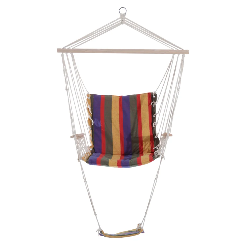Outsunny Hanging Rope Chair with Soft Padded Seat & Backrest, Portable Garden Hammoc Chair with Wooden Support Bar, Armrests, Cotton Cloth, Footrest, for Patio & Tree, Red