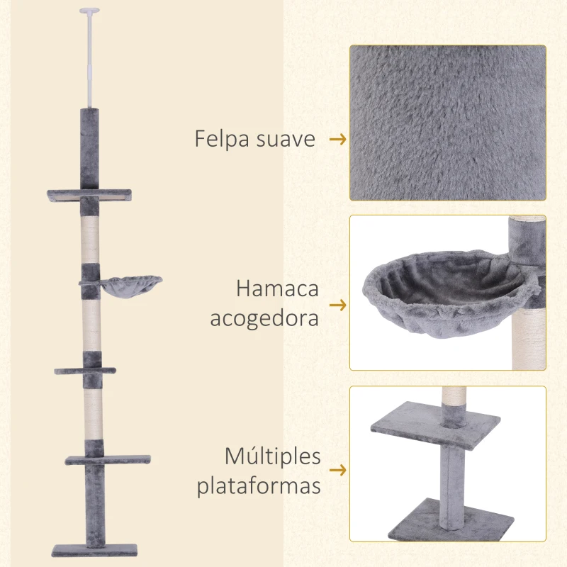 PawHut Árbol para Gatos de Suelo al Techo de 230-260 cm con Altura Ajustable Plataformas Hamaca y Postes de Sisal Gris