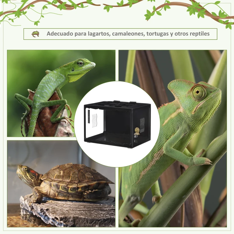 PawHut Terrario para Reptiles Caja de Alimentación de Insectos de Acrílico con Comedero Termómetro 2 Portalámparas E27 e Interruptor para Lagarto Camaleón 60x40x40,5 cm Negro