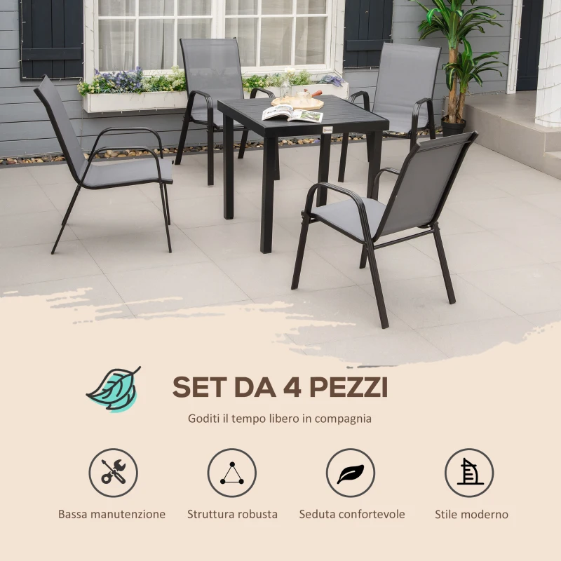 Outsunny Set 4 Sedie da Giardino Impilabili e Salvaspazio con Braccioli in Metallo e Tessuto a Rete, Grigio