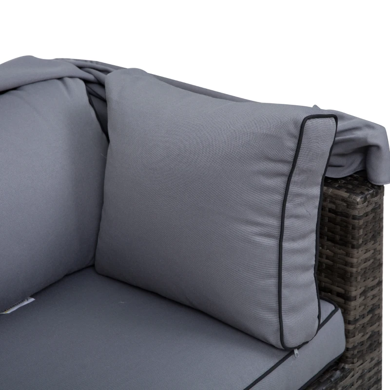 Outsunny Rattan Lounge Set, Sitzgruppe mit Sonnendach, Garten Loungegruppe, inkl. Kissen und Beistelltisch, Metall, Grau, 215 x 75 x 64 cm