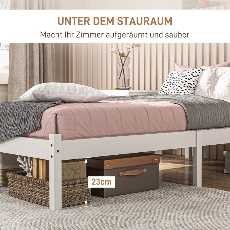 HOMCOM Einzelbettgestell, Kopfteil & Lattenrost, 26cm Freiraum unter Bett, Kiefernholz, 208x96x70 cm, Weiß