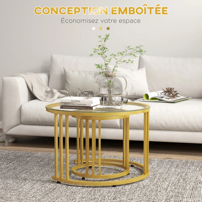 HOMCOM Lot de 2 tables basses gigognes rondes 60/40 cm plateau verre trempé et pied en acier au carbone design moderne doré
