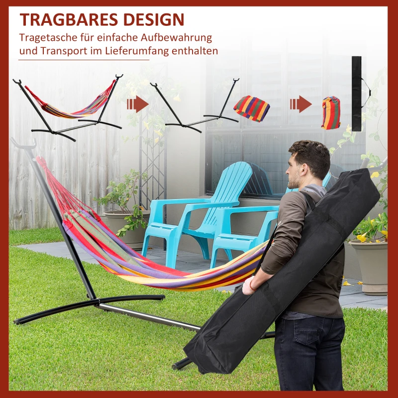 Outsunny Hängematte mit Gestell 200x150cm 6-stufig Höhenverstellbar Tragetasche für Terrasse Baumwolle Stahl Outdoor