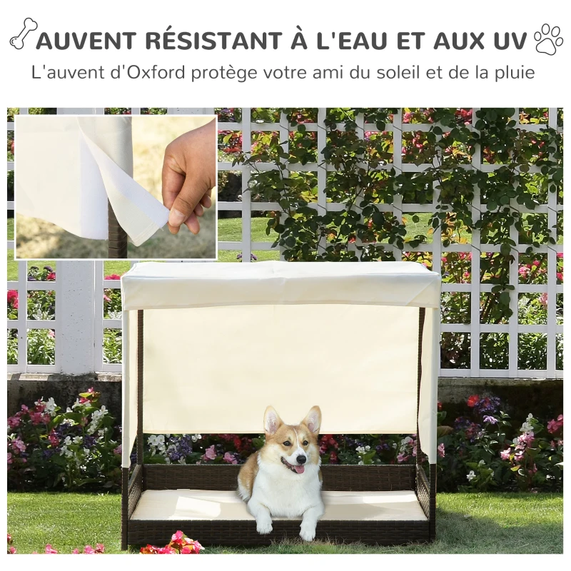 PawHut Lit Surélevé pour Chien Chat avec Coussin et auvent Toile Amovibles pour Extérieur et Intérieur dim. 91L x 71l x 81H cm résine tressée