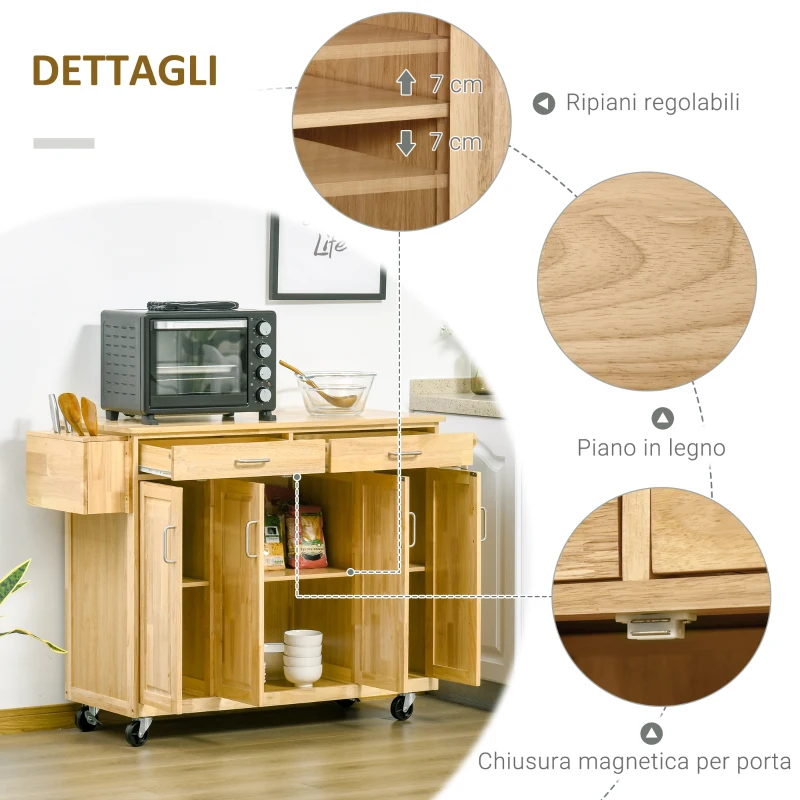 HOMCOM Desserte îlot de cuisine chariot de service aspect bois - 2 tiroirs et 3 armoires - étagères réglables - dim. 136L x 47l x 91,5H cm - coloris bois naturel