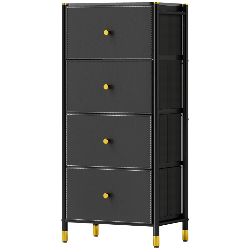HOMCOM Cajonera de Tela con 4 Cajones Plegables con Frentes de PU y Marco de Acero Cajonera para Dormitorio Salón Negro