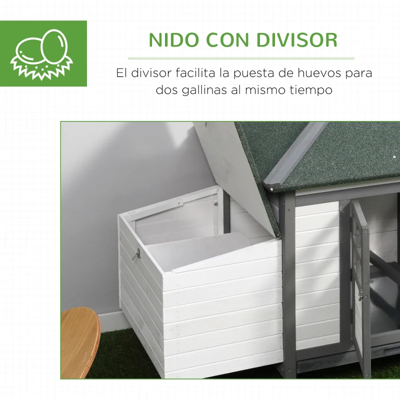PawHut Gallinero de Madera de Pino Refugio Jaula para Gallinas Pollos Exterior con Caja Nido Bandeja Extraíble y Espacio para Correr 196x76x97 cm Gris