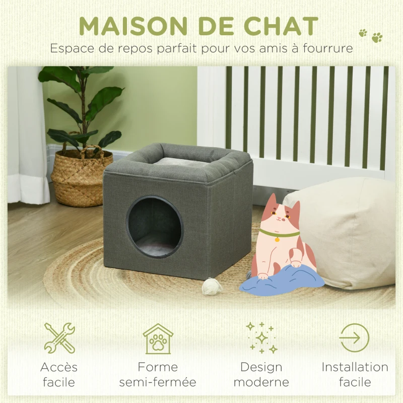 PawHut Maison niche pour chat 2 niveaux avec coussin moelleux en peluche - 36,5 x 36,5 x 33 cm gris