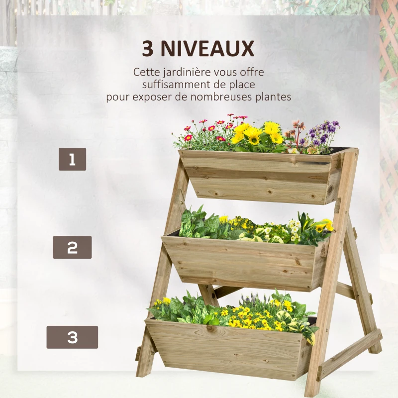 Outsunny Jardinière sur Pieds carré Potager 3 étages dim. 71L x 61l x 77H cm Inserts d'irrigation Feutre de Drainage Bois Sapin Autoclave