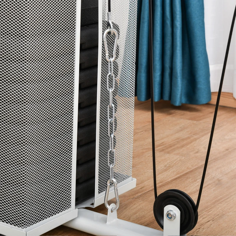 HOMCOM Station de musculation entrainement complet développé couché butterfly barre latissimus curler bande résistance 10 contrepoids 45 kg avec filet de protection acier blanc et marron