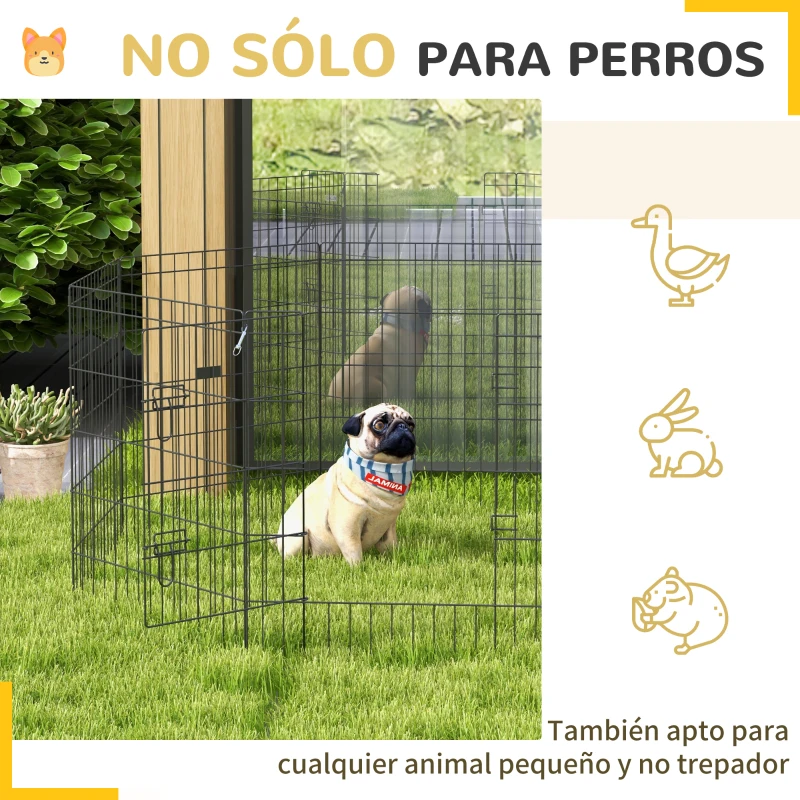 PawHut Corralito para Perros de 8 Paneles 76x61 cm Forma Personalizada con Puerta y Doble Cerradura para Jardín Patio Negro