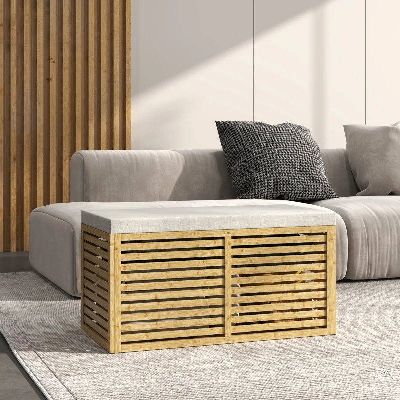 HOMCOM Baúl de Almacenaje 122L Tapizado en Lino Sintético con Cojín Marco de Bambú 90x42x43 cm Gris y Natural