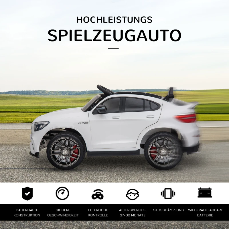 HOMCOM Kinderfahrzeug 12V Mercedes-Benz AMG GLC63S COUPE lizenzierter Elektroauto mit Fernbedienung Sicherheitsgurt  2 x 35W Motoren MP337-60 Monate Weiß 115 x 70 x 55 cm