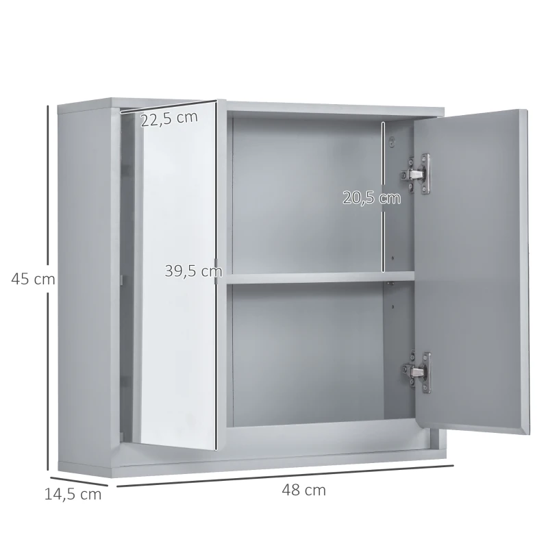 HOMCOM Armario de Baño con Espejo con 2 Puertas y Estante Ajustable Mueble Colgante de Baño para Aseo Estilo Moderno 48x14,5x45 cm Gris