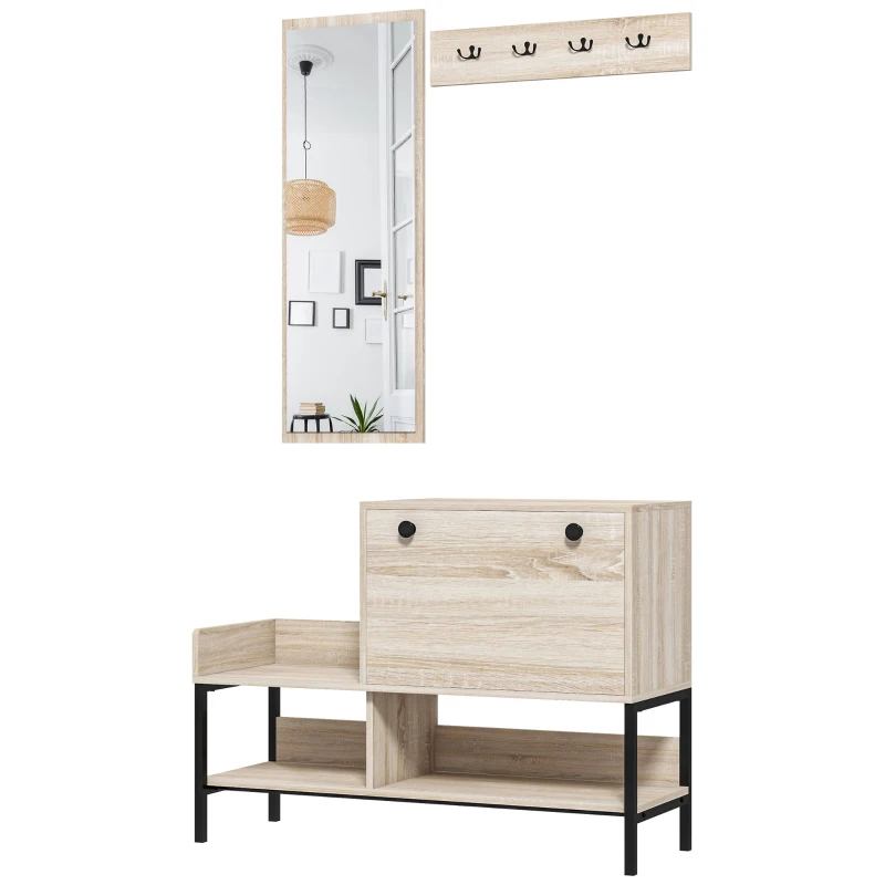 HOMCOM Ensemble 3 en 1 meuble d'entrée design contemporain meuble chaussures, miroir et panneau porte-manteau acier noir