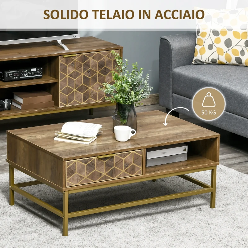 HOMCOM Tavolino da Salotto Rettangolare con Cassetto e 2 Ripiani Aperti, 100x59x42.8cm