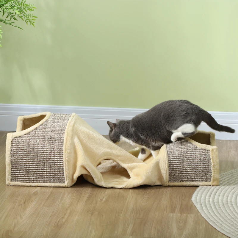 PawHut Katzentunnel mit 3 Öffnungen, plüschig, Sisal-Kratzseil, 107x38x29 cm, Beige/Grau