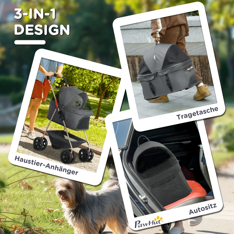 PawHut 3-in-1-Haustierkinderwagen, zusammenklappbarer Hundewagen mit 4 Rädern und abnehmbarer Trage für Hunde und Katzen, Grau(m-4)