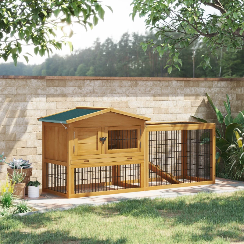 PawHut Rabbit Hutch Outdoor, Wooden Guinea Pig Hutch with Rabbit Run 2 Level Design Water Resistant Openable Roof 150 x 52.5 x 68 cm, Yellow