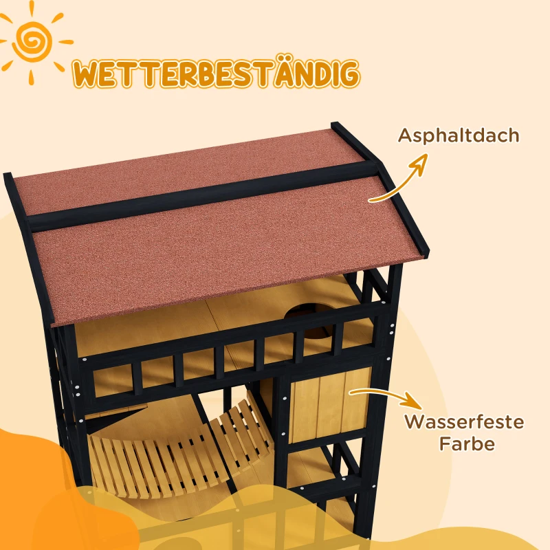 PawHut Katzenhaus, Katzenparadies mit Plattformen, Hängebrücke und Katzenhöhlen, für bis zu 2 Katzen geeignet, Holz(m-5)
