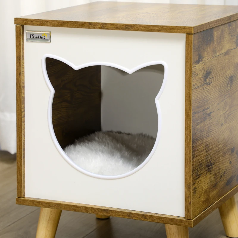 PawHut Caseta de Madera para Gatos Casa para Gatos Interior con Cojín Lavable y Patas Elevadas 34x34x44,5 cm Marrón