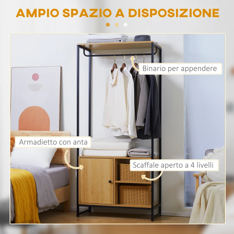 HOMCOM Appendiabiti in Acciaio e Legno Stile Industriale con Scarpiera e Ripiani, 80x40x180cm