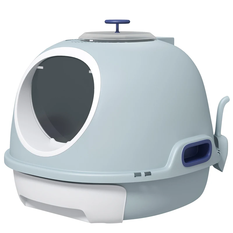 PawHut Caja de Arena para Gatos Arenero Cerrado con Claraboya Abatible Bandeja Extraíble y Pala 47x55x44 cm Azul