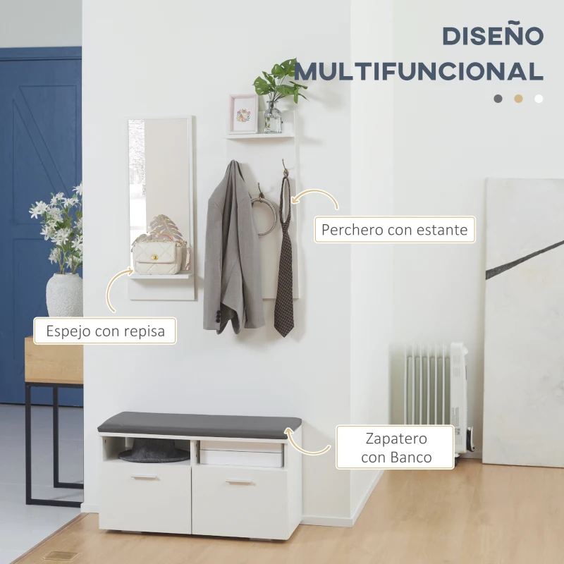 HOMCOM Conjunto de Recibidor con Espejo Perchero y Zapatero para 8 Pares Mueble de Entrada con 2 Puertas y 3 Ganchos Blanco