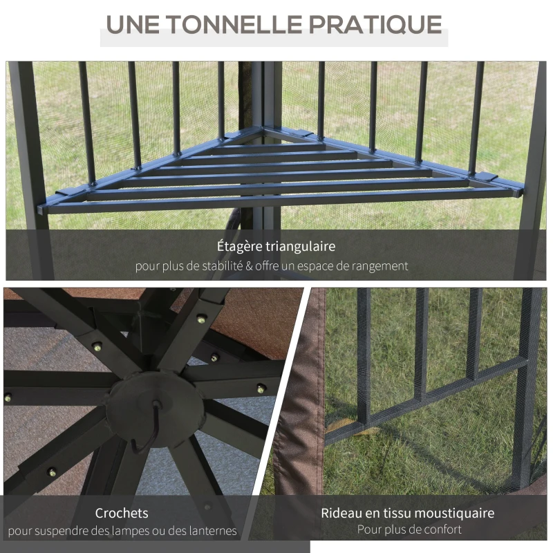 Outgunny Tonnlle de jardin barnum pavillon de jardin 3 x 3 double toit avec moustiquaires amovibles imperméable café