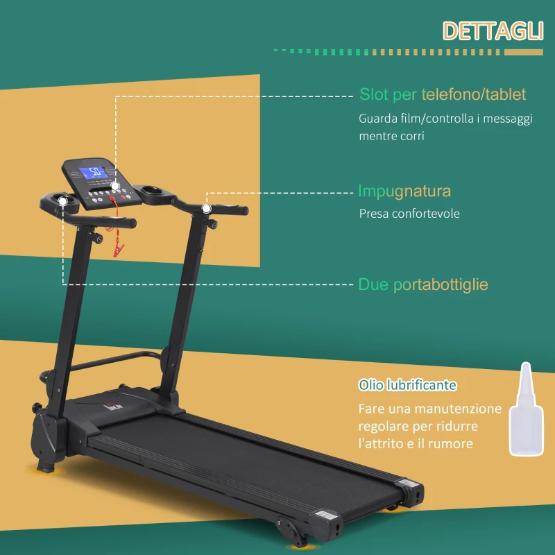HOMCOM Tapis Roulant Elettrico Pieghevole Salvaspazio, Velocità 14km/h, Monitor LCD 5 Programmi e Presa USB, per Casa e Ufficio, Motore 750W, Nero