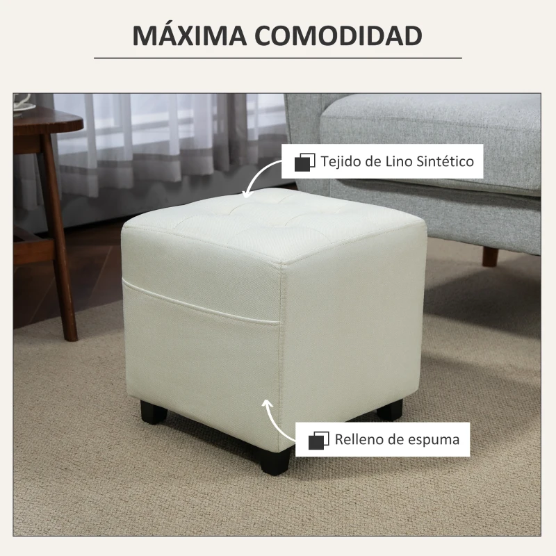 HOMCOM Reposapiés de Salón Taburete Bajo Tapizado en Lino con Bolsillo Lateral y Tapa con Botones Acolchados Crema