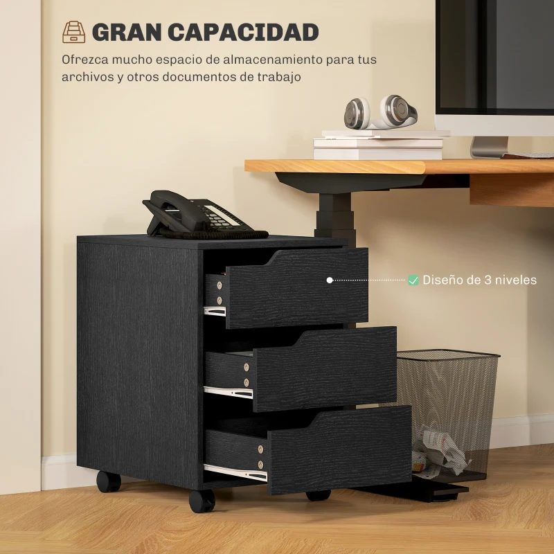 HOMCOM Cajonera de Oficina con Ruedas 3 Cajones Cajonera para Escritorio Estudio 40x50x57,5 cm Negro