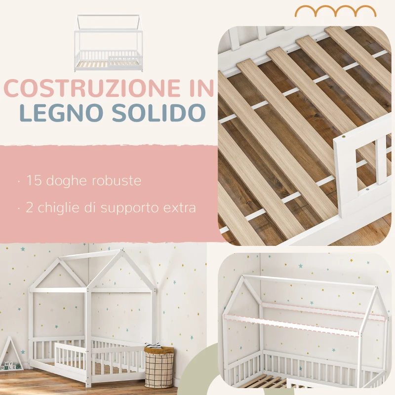 HOMCOM Struttura Letto per Bambini a Forma di Casetta con Doghe e Recinzione, in Legno di Pino, 96x195x165 cm, Bianco