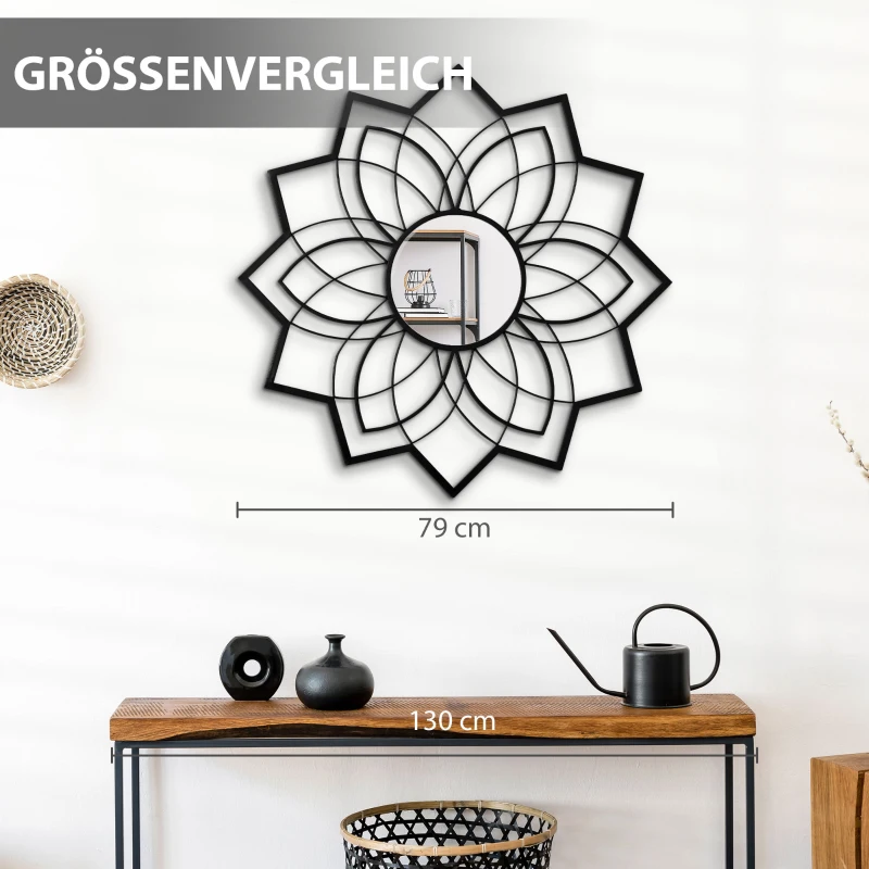 HOMCOM Runder Spiegel mit Floralen Mustern 79 cm x 79 cm x 0,4 cm Spiegelglas Metall MDF Schwarz