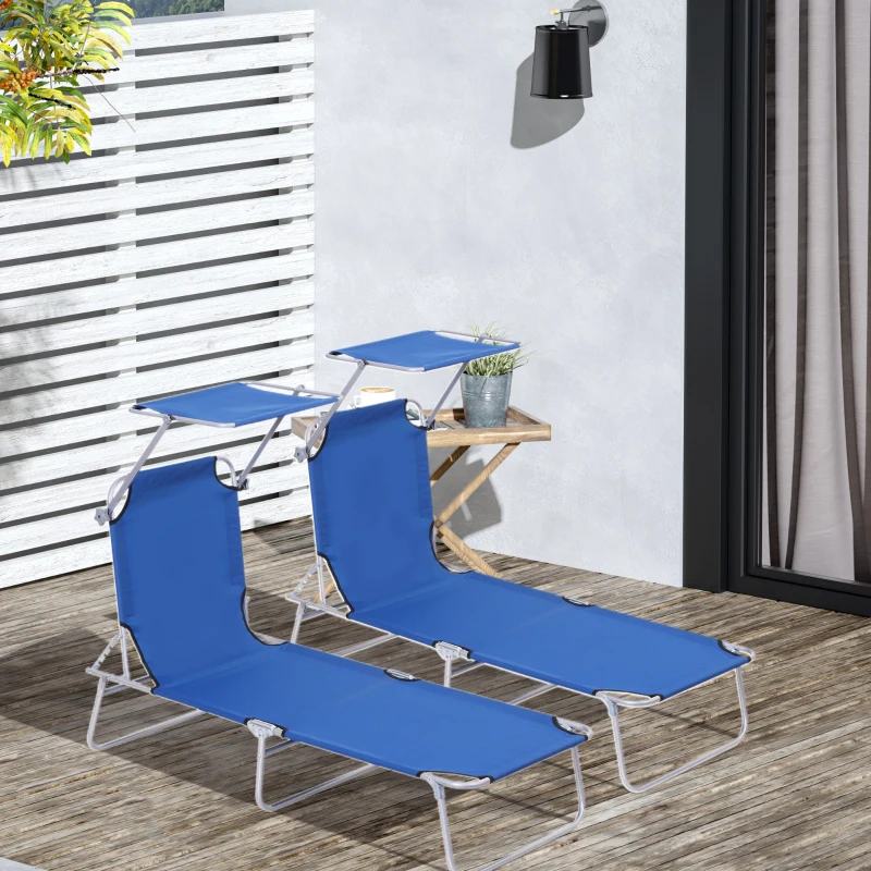 Outsunny 2 Pieces Outdoor Foldable Sun Lounger, 4 Level Adjustable Backrest Reclining Sun Lounger Chair with Angle Adjust Sun Shade Awning for Beach, Garden, Patio, Blue