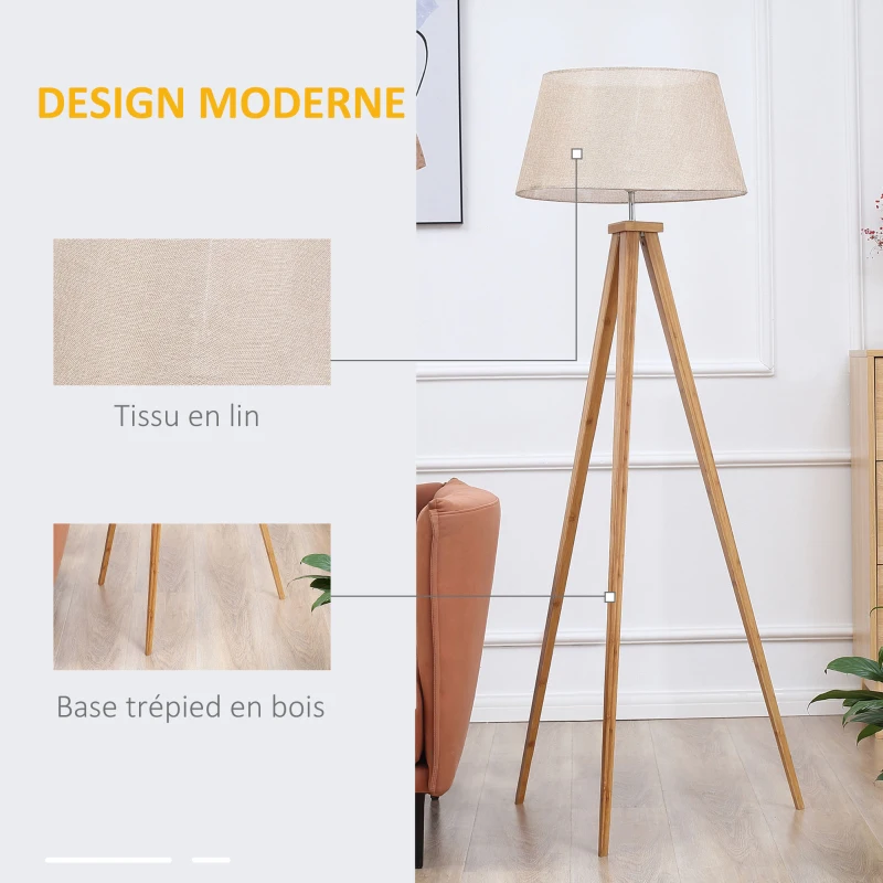 HOMCOM Lampadaire trépied pieds en bois et abat-jour aspect lin 40 W dim. 59L x 59l x 152H cm