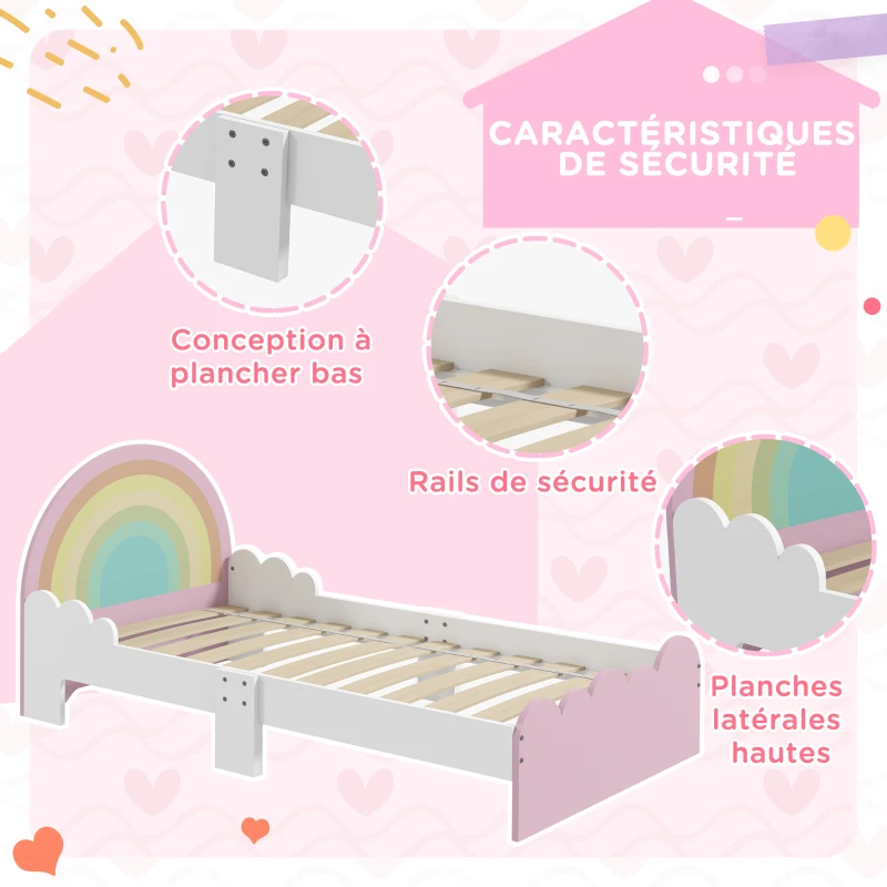 ZONEKIZ Lit pour enfants de 3 à 6 ans 143 x 74 x 66 cm design arc-en-ciel sommier à lattes inclus chambre moderne rose
