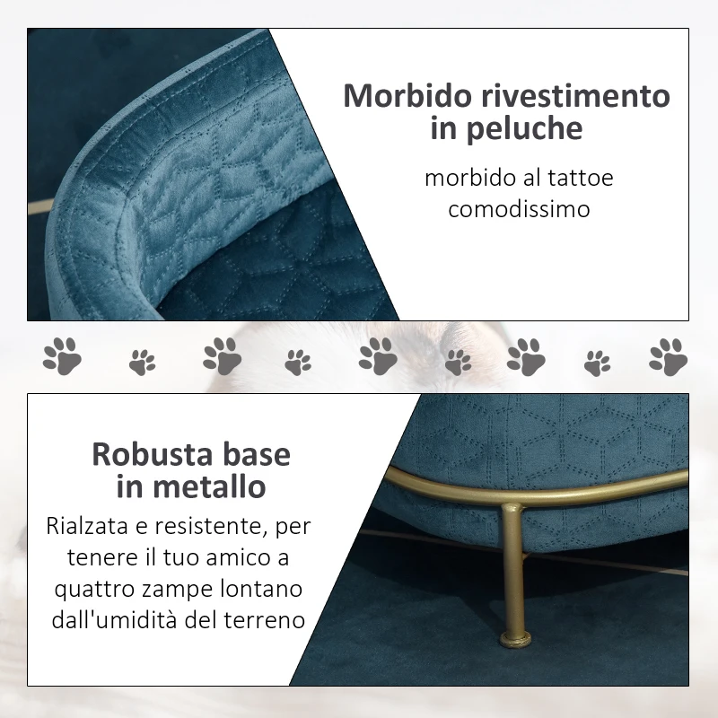 PawHut Divano per Cani e Gatti Imbottito in Velluto con Base in Metallo, 63.5x43x24.5cm