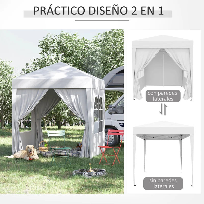 Outsunny Cenador de Jardín 2x2m con 4 Paredes Laterales Tela Oxford 2 Puertas 2 Ventanas y Bolsa de Transporte Impermeable Blanco