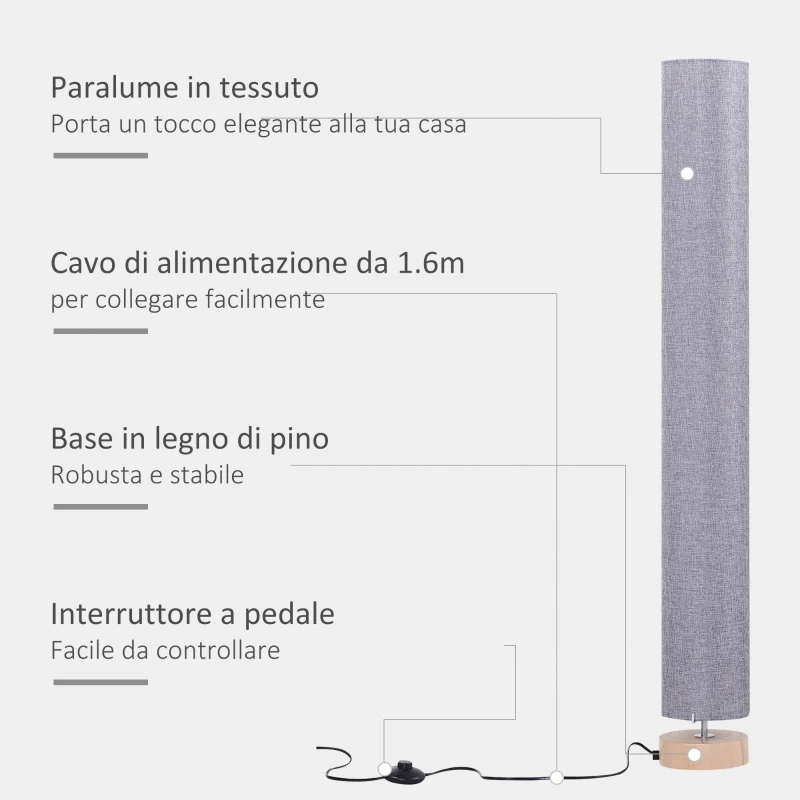 HOMCOM Lampada da Terra a Stelo Minimo Ingombro Interruttore a Pedale e Tappetino antiscivolo Certificati CE, ROHS Legno di Pino Tessuto di Lino 15×15×120cm