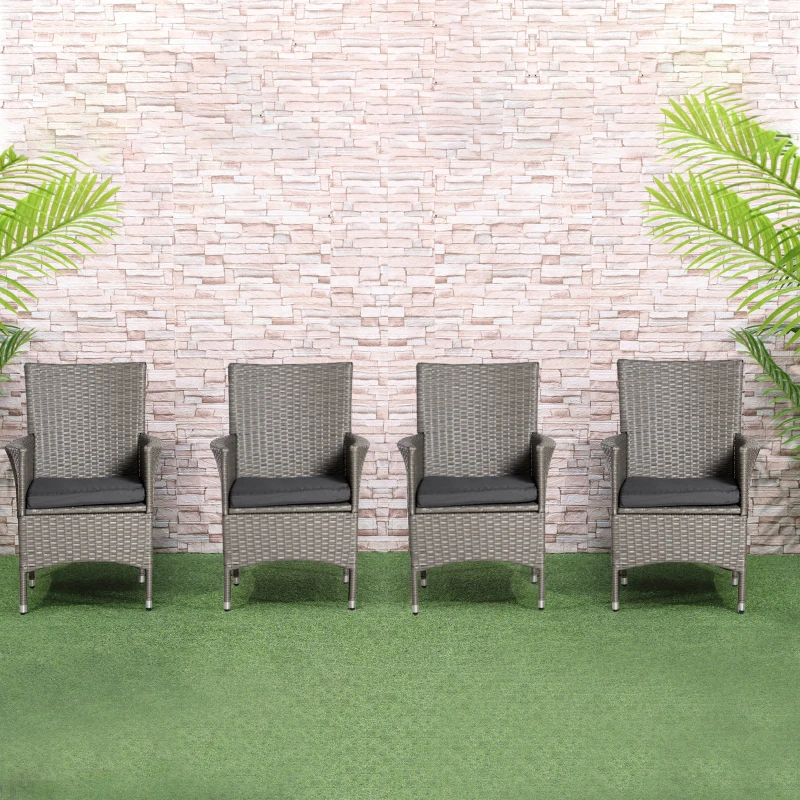 Outsunny Set of Four Rattan Armchairs, with Cushions - Grey