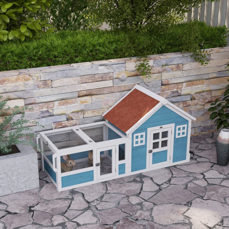 PawHut Jaula para Conejo Grande con 2 Ventanas de Decoración Ruedas 1 Puerta 1 Rampa y Techo de Asfalto 162,5x59,2x77,6 cm Azul