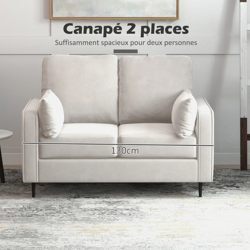 HOMCOM Canapé 2 places style contemporain avec 2 coussins supplémentaires piètement acier noir revêtement aspect velours beige