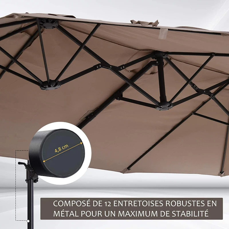 Outsunny Parasol déporté grande taille XXL inclinable avec pied en croix dim. 4,45L x 2,7l x 2,6H m piètement en acier inclus polyester marron